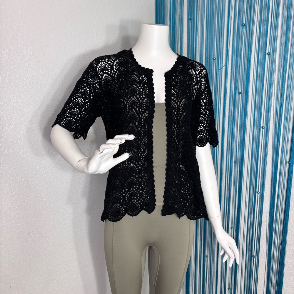 Handmade Black Crochet Cardigan – Scalloped Lace Knit Boho Style